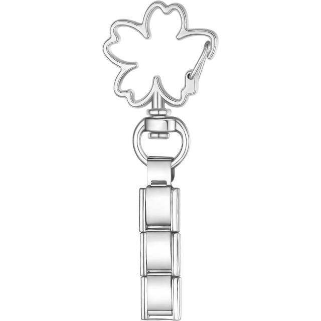 Silver Italian charm key chain with a four-leaf clover-shaped clasp at the top and a short segment of blank rectangular links below.